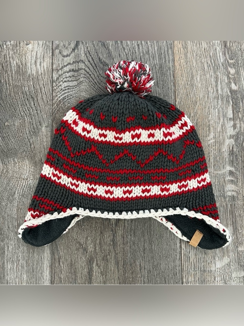 WOOLRICH Knit Winter Pom Beanie Hat with Ear Flaps Gray Red One Size